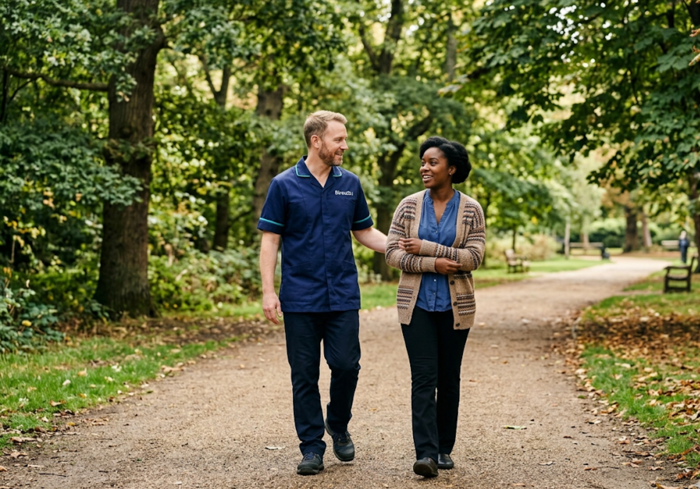 Direct2U mental health support worker on a community walk with a client in North London - recovery-focused mental health care Enfield